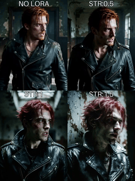 AI generated video: A pale-skinned man with messy red hair stands alone in a dark, worn interior…
