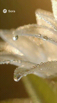 AI generated video: [Video, 10s, 4K, 24fps] Macro: morning dew beads form on glass petals; tiny…