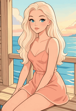 AI generated video: woman closeup, A woman sitting on the porch of a seaside cottage, her gaze…