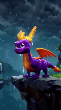 AI generated video: Epic low-angle shot of Spyro, a purple dragon with golden horns, standing on a…
