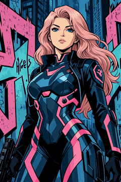 AI generated video: neon rider girl, open suit jacket over semi-transparent tactical body armor…