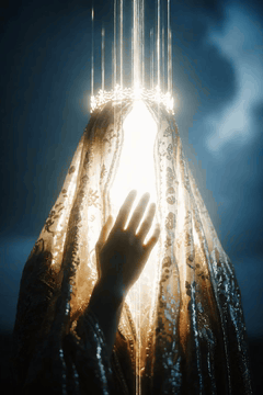 AI generated video: dark blue sky, bright female saint, face is pure light