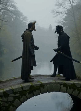 AI generated video: medium shot on a fog-choked river where two masked figures stand on a small…