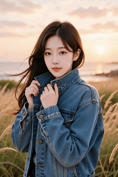 AI generated video: a young woman wearing a blue jeans jacket is standing holding her collar, her…