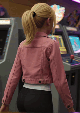 AI generated video: A showcase of Game Girl in an arcade playing games. She's raging at the screen…