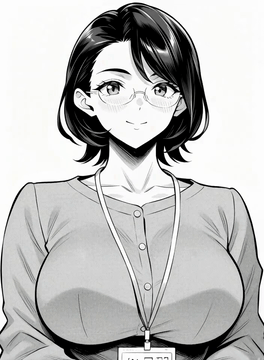 AI generated video: A manga-style woman with short, dark hair and round glasses looks directly at…