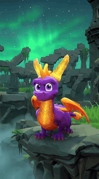 AI generated video: Spyro stands poised on a misty cliff edge under a green-tinged aurora sky…