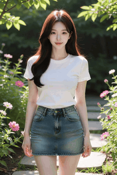 AI generated video: A young woman stands on a garden path smiling, her long hair swaying in the…