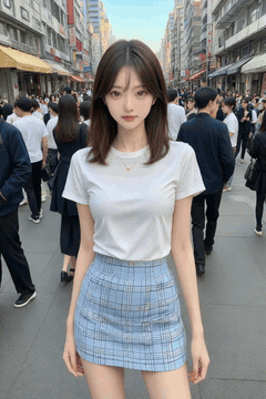 AI generated video: a young woman is standing on a sidewalk in the bustling city center, and…