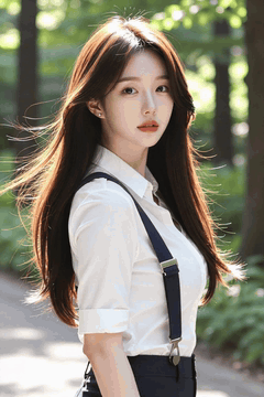 AI generated video: A young woman is standing on the park path and her long hair is blowing in the…