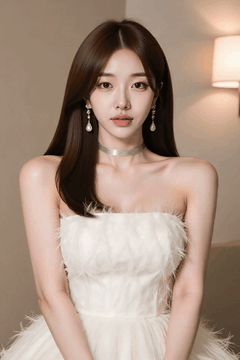 AI generated video: A woman in a white dress is staring straight ahead, long hair shakes softly…