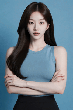 AI generated video: A young woman stands with her arms crossed, her long hair swaying slightly in…