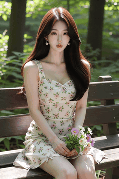 AI generated video: A woman with a bouquet of flowers is sitting on a bench, Her long hair flutters…