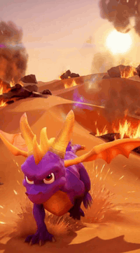 AI generated video: Cinematic extreme close-up tracking shot of Spyro, a purple male dragon with…
