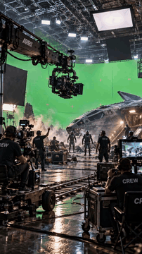 AI generated video: btssetstyle, Create a realistic behind-the-scenes VFX production shot. The…