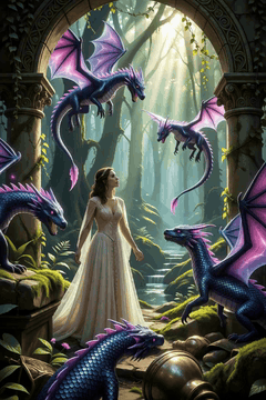AI generated video: beautiful woman in A hidden glade within the Lowlands, where Faerie Dragons…