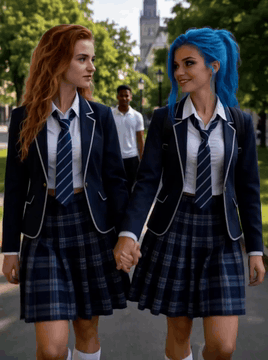 AI generated video: **Photorealistic scene featuring two young women from reference images 1 and 2…