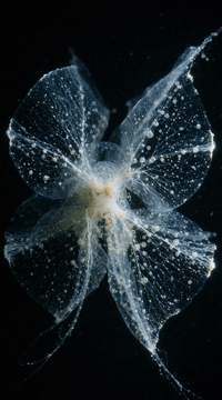 AI generated video: 10-second continuous shot. The translucent aquatic organism suddenly comes…