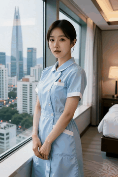 AI生成视频：, and a young woman wearing a blue nursing suit stands by the window and turns…