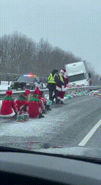 AI generated video: The elves are all sitting against the guard rail and Santa is being arrested