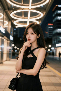 Видео, сгенерированное нейросетью: A young woman in a black dress is standing still and thinking, Her long hair is…