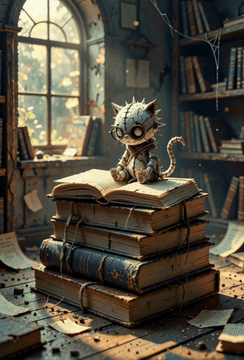 AI generated video: TinyDaal, Frame the bespectacled creature reading peacefully on the high stack…