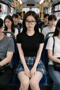 AI generated video: A young woman sitting inside the bus is staring straight ahead, the, bus is…