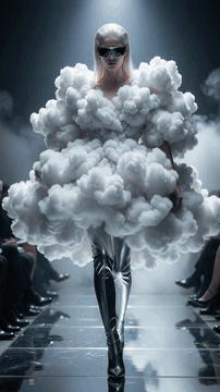 AI generated video: Theme: A deadpan haute-couture runway model's cloud gown comically turns into…