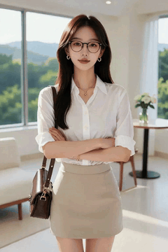 AI generated video: A woman in a business look is standing by the window with her arms crossed…