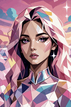 AI generated video: A reflective candy-glass maze under a warm pink sky, where a woman in an…
