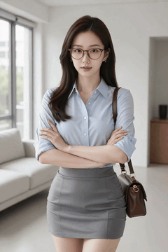 AI generated video: A woman in business attire stands still and looks at the camera,, soft breeze…