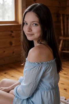 Видео, сгенерированное нейросетью: Photoreal portrait of a young woman sitting on a wooden floor, looking back…