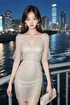 AI generated video: At night, a young woman standing by the river is moving her body slightly, The…