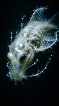AI generated video: 10-second continuous shot. The translucent fish-like organism begins swimming…