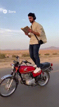 AI generated video: یک مرد روی موتور سیکلت در حال حرکت، ایستاده و کتاب میخواند و همزمان با هدفون به…