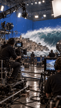 AI generated video: btssetstyle, Animate the scene into a realistic behind-the-scenes practical VFX…