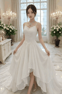 AI generated video: the woman in the wedding dress lifts the dress skirt slightly, The gentle…