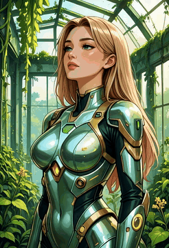 AI generated video: Upper torso shot, woman in a biomechanical exosuit wrapped in overgrown vines…