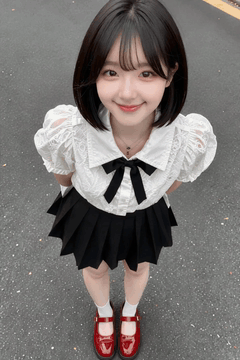 AI generated video: The girl is raising her head and smiling,, has short dark hair swaying slightly…