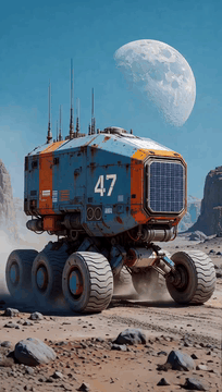 AI generated video: science fiction, exploration vehicle, six wheeled rover, blue and orange color…