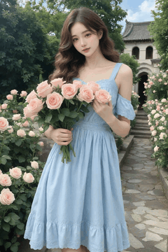 AI generated video: A woman in a light blue dress is standing holding a bouquet of pink roses, The…
