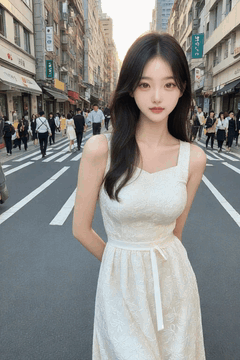 AI generated video: A young woman in a white dress is standing still, The long hair is swaying in…