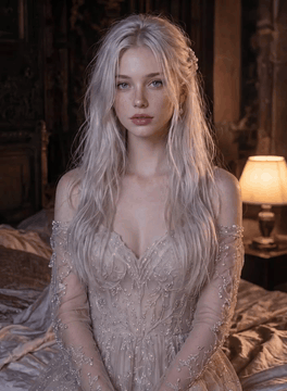 AI generated video: A young woman with long platinum hair and freckles in an embroidered beige…