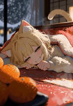 AI generated video: A cozy anime illustration comes to life. A blonde cat-eared young woman lies…