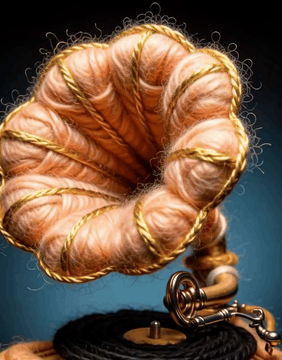 AI generated video: WoolWorld, a gramophone with a huge flared horn of peach and gold mohair…