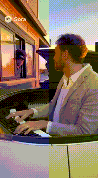 AI generated video: A pianist slowly rolls through a drive-thru in a tiny car with a full grand…