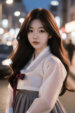 AI generated video: A young woman wearing a hanbok is standing on the street, and the city street…