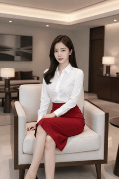 AI generated video: A woman in a business suit sits down and gently corrects her posture, Her long…