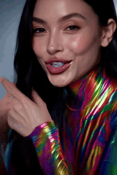AI generated video: Close-angled cinematic shot of a model, into a swirling light portal, her skin…