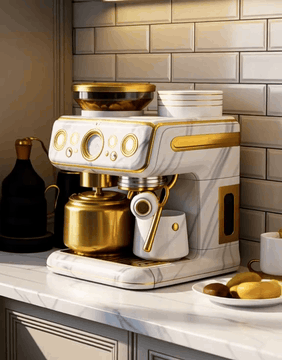 AI generated video: MarbleGoldWorld coffee machine in the kitchen